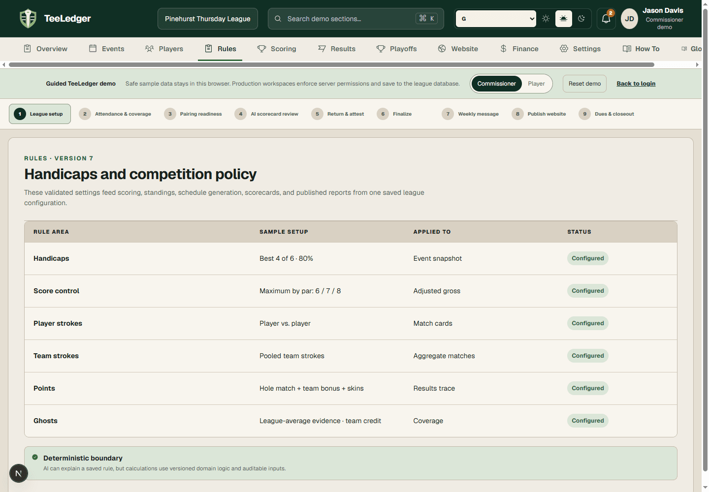 TeeLedger Rules workspace with handicap and competition settings
