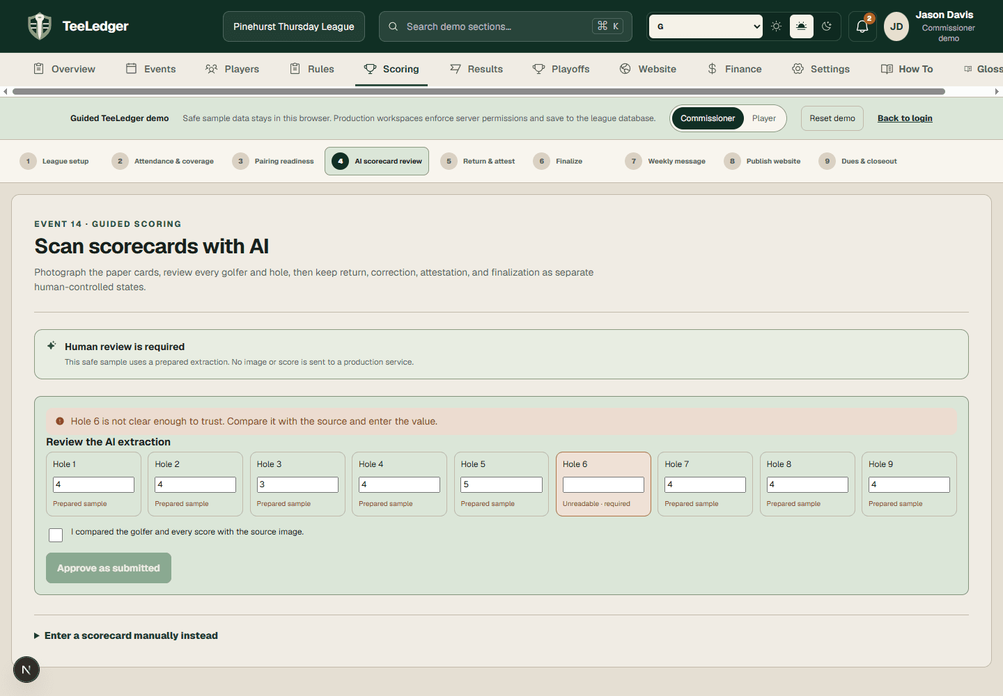 TeeLedger scorecard review demo