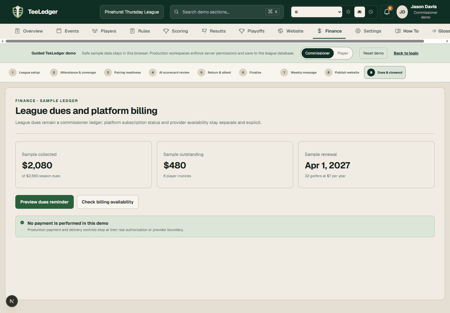 TeeLedger Finance workspace with dues and delivery boundaries