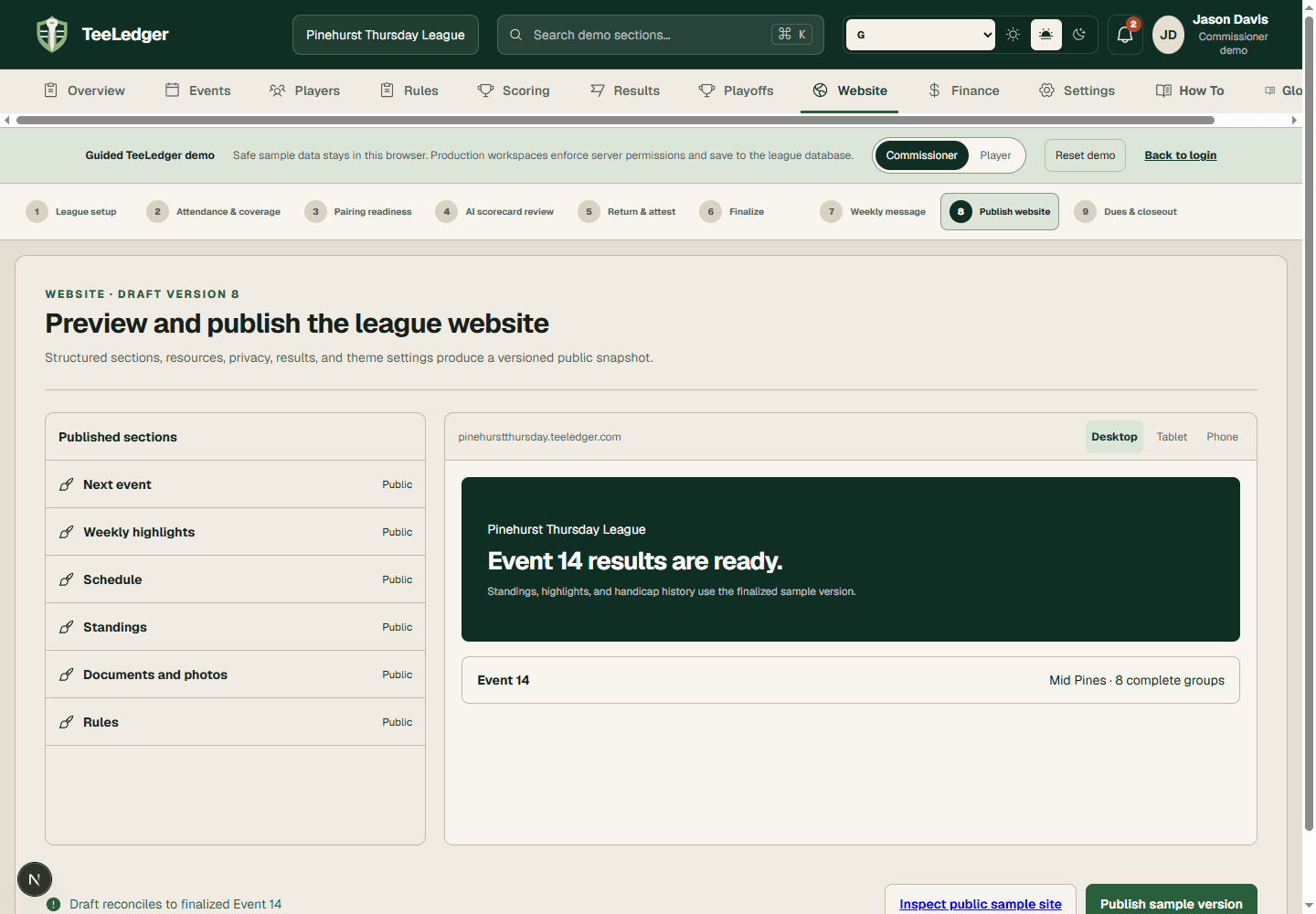 TeeLedger Website workflow with structured sections and publication status