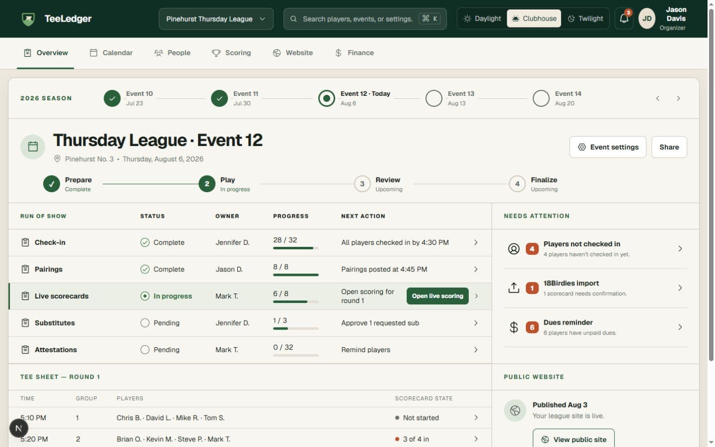 TeeLedger organizer workspace showing event preparation, scoring, and league tasks