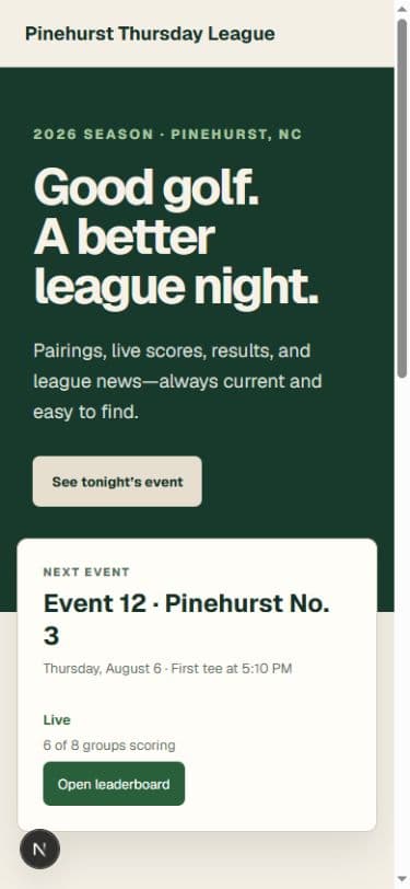 A published TeeLedger league website on a phone